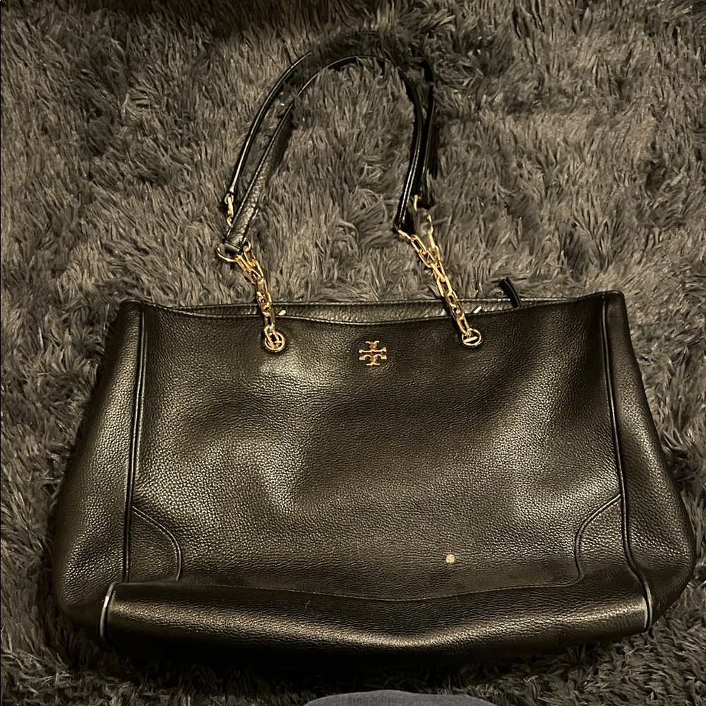 Tory Burch Black Leather Tote with Gold Accents